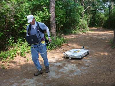 USGS scientist pulling a ground-penetrating radar sled